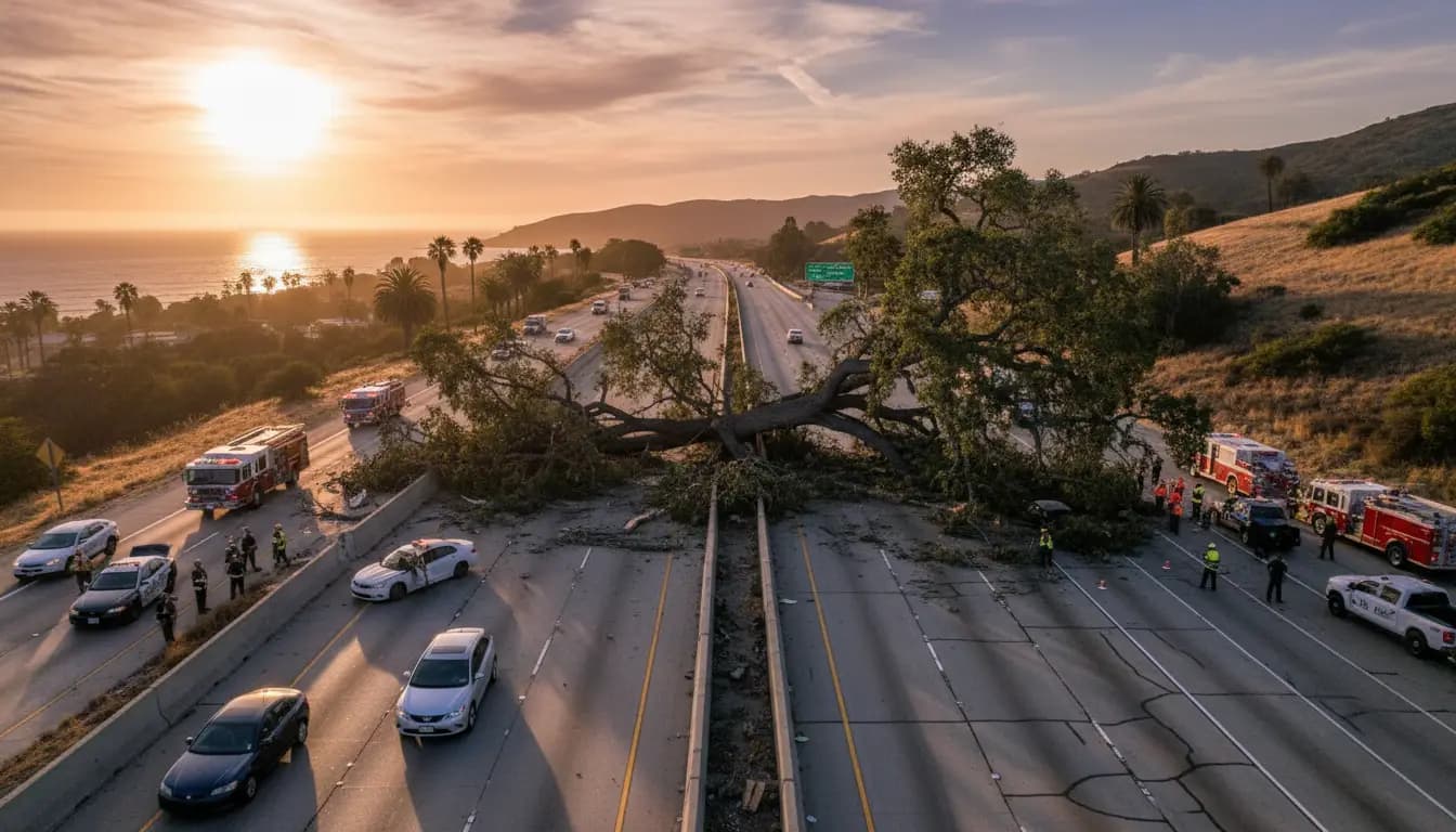 Tree Falls on Highway 101 in Santa Barbara